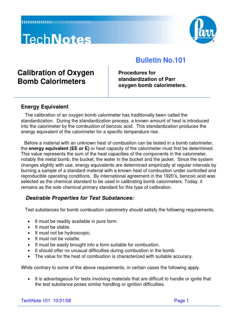 Oxygen Bomb Calorimeter PDF Combustion Calibration