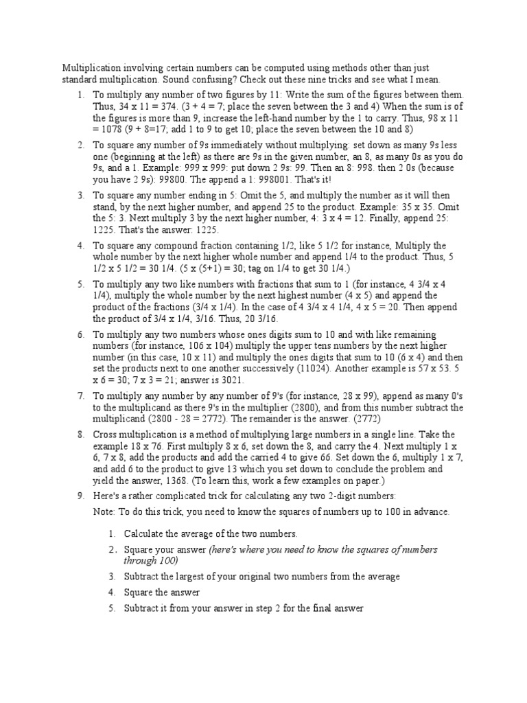 Multiplication Shortcut Pdf Multiplication Elementary Mathematics