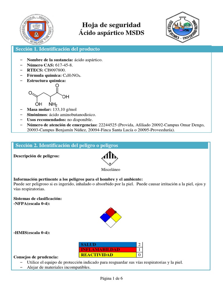 Ficha de Seguridad Ácido Aspartico | Residuos | Agua
