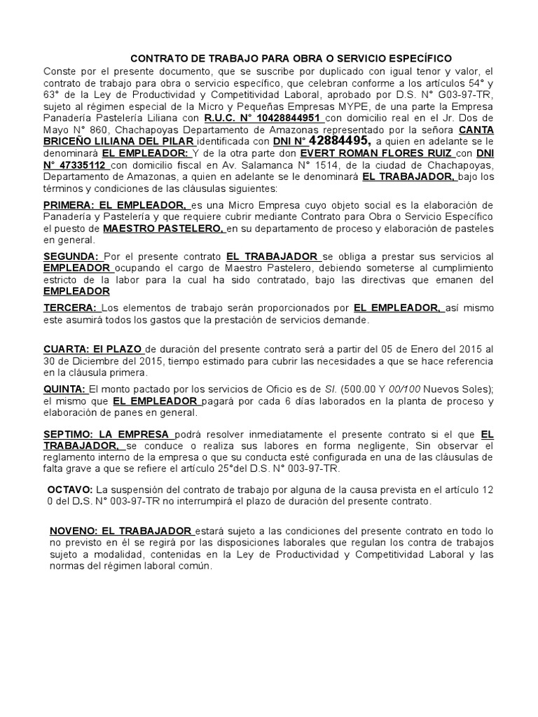 Contrato De Trabajo Para Obra O Servicio Específico Derecho Laboral