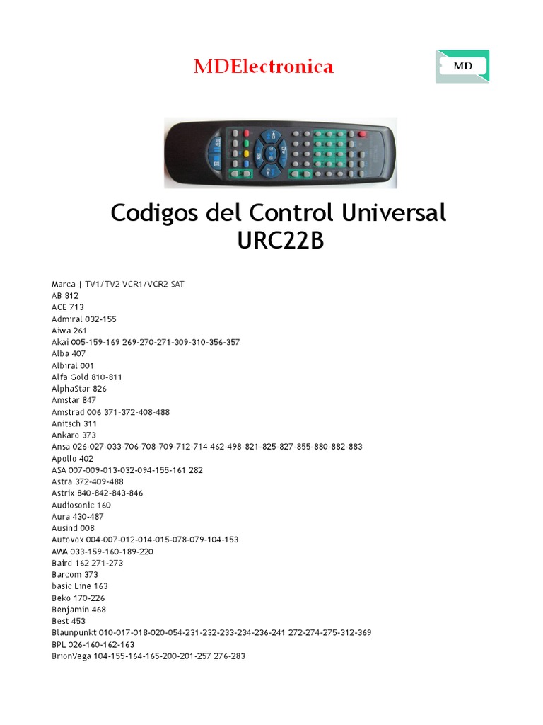 Control Universal URC22B PDF