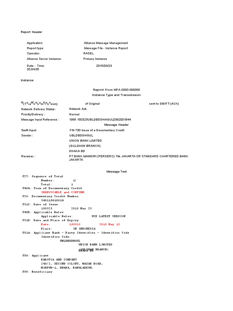 MT700 Documentary Credit Sample | PDF | Invoice | Payments