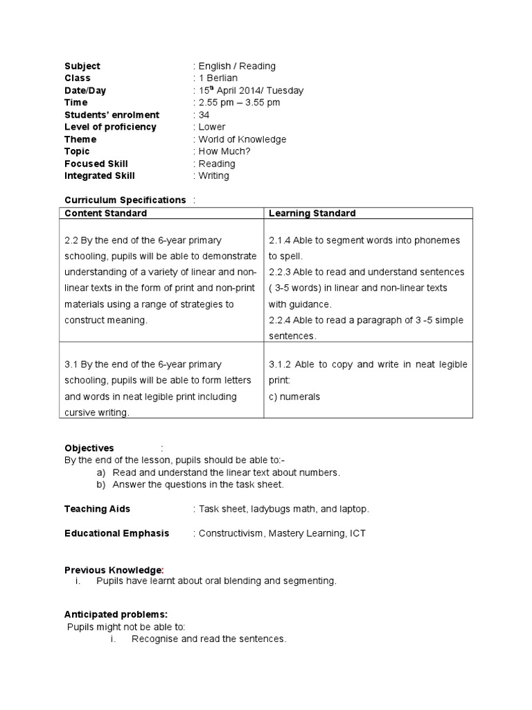 Lesson Plan Year 1 KSSR PDF Lesson Plan Reading (Process)