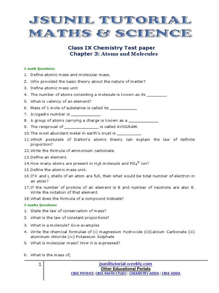 Atoms and molecules worksheets picture