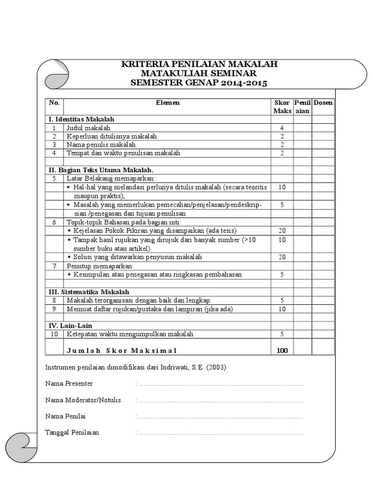Contoh Format Penilaian Makalah