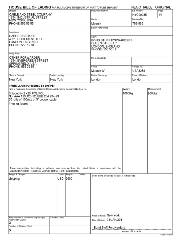 Bl Formato Cargo Bill Of Lading