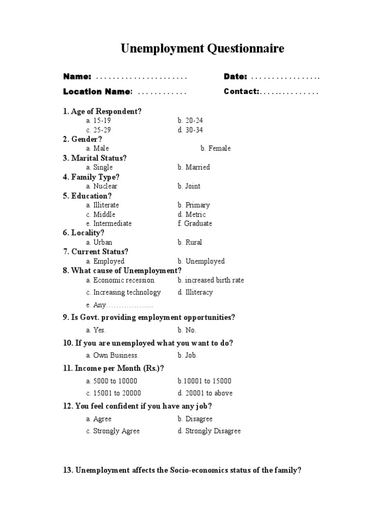 Unemployment Questionnaire | Download Free PDF | Unemployment | Social ...