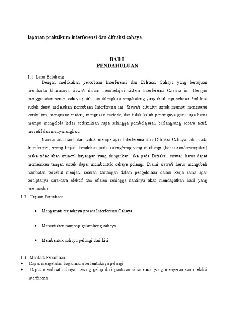 Laporan Praktikum Interferensi Dan Difraksi Cahaya Dan Resonansi Bunyi