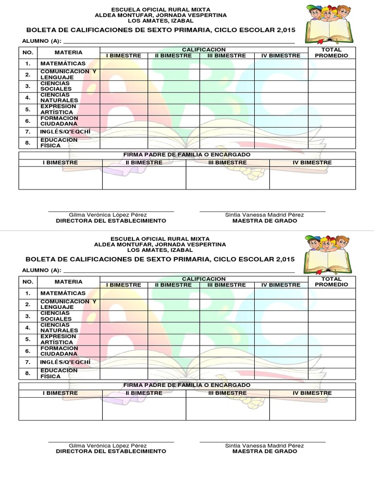 BOLETA DE CALIFICACIONES PREPRIMARIA Y PRIMARIA