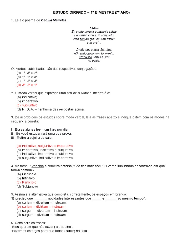 Exercícios de Verbos - 7º Ano com Gabarito | PDF | Morfologia ...