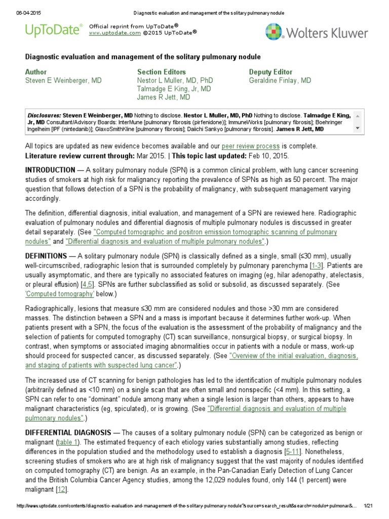 Diagnostic Evaluation and Management of The Solitary Pulmonary Nodule ...