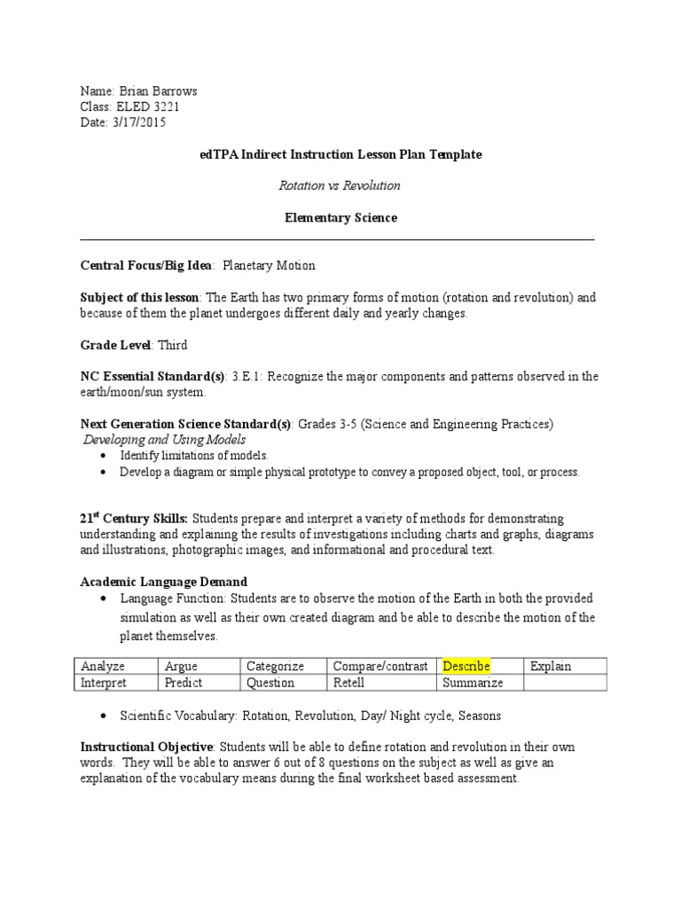 Eled 3221 Imb Rotation Revolution Lesson Plan PDF Rotation