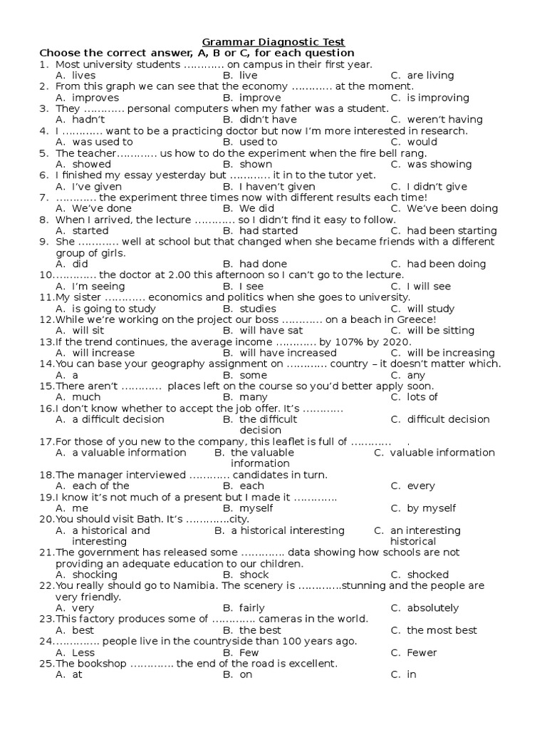 Grammar Diagnostic Test Choose The Correct Answer, A, B or C, For Each