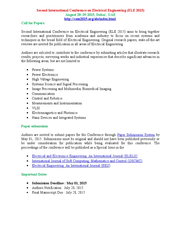 ELE 2015: Call for Papers in Electrical Engineering | PDF | Technology ...