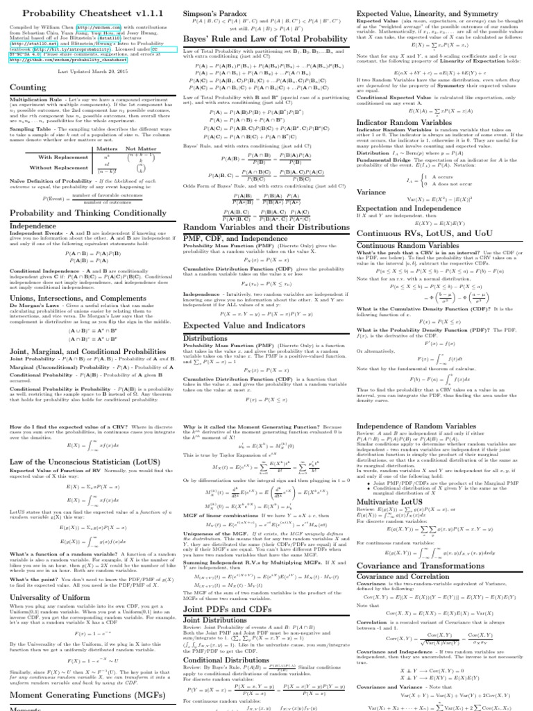 Probability Cheatsheet | PDF | Covariance | Normal Distribution