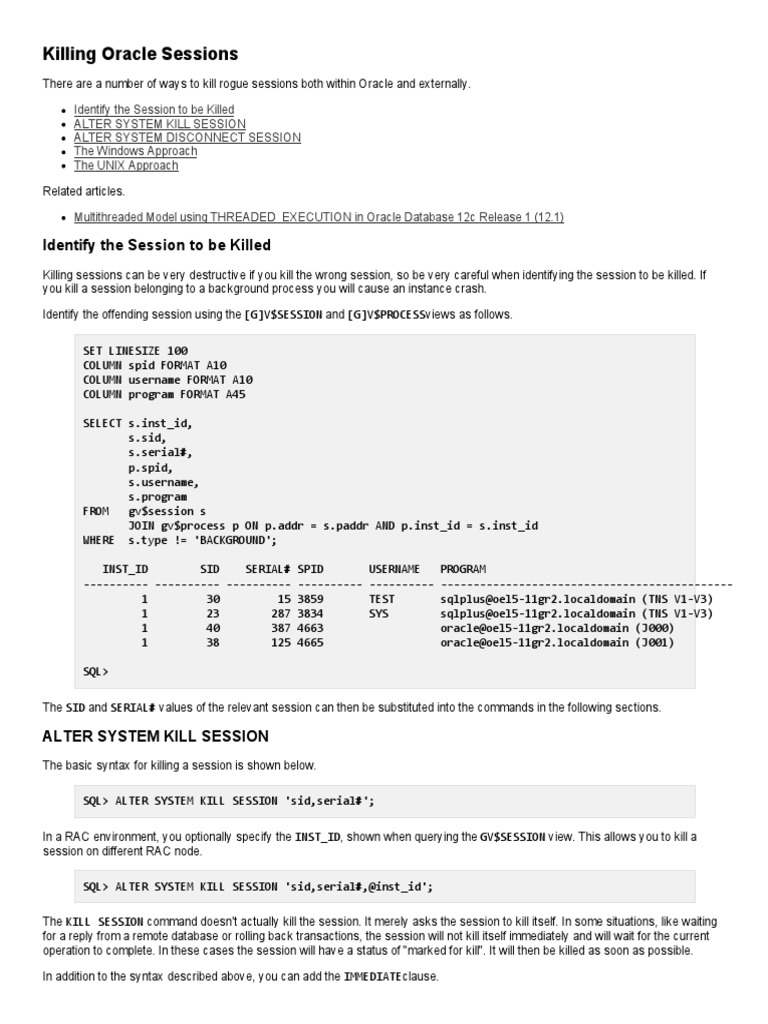 Oracle-Base - Killing Oracle Sessions | Pdf | Oracle Database | System  Software