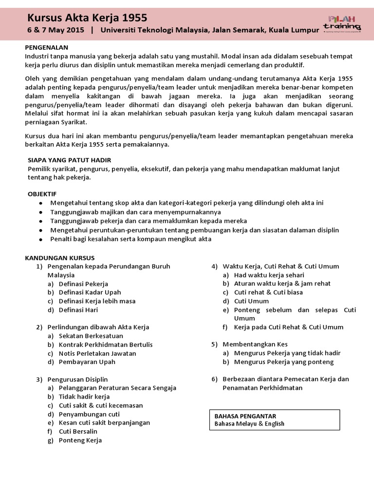 Kursus Akta Kerja 1955 6 & 7 May 2015 PilahTraining  PDF