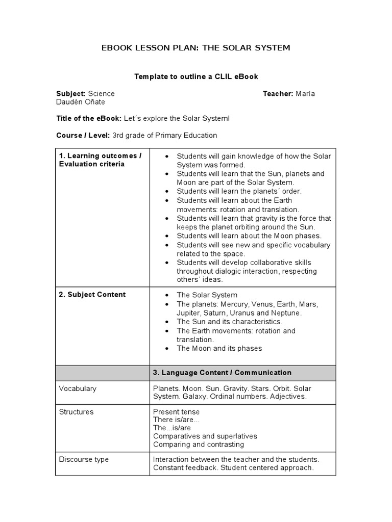 Solar System Ebook Lesson Plan Planets Solar System