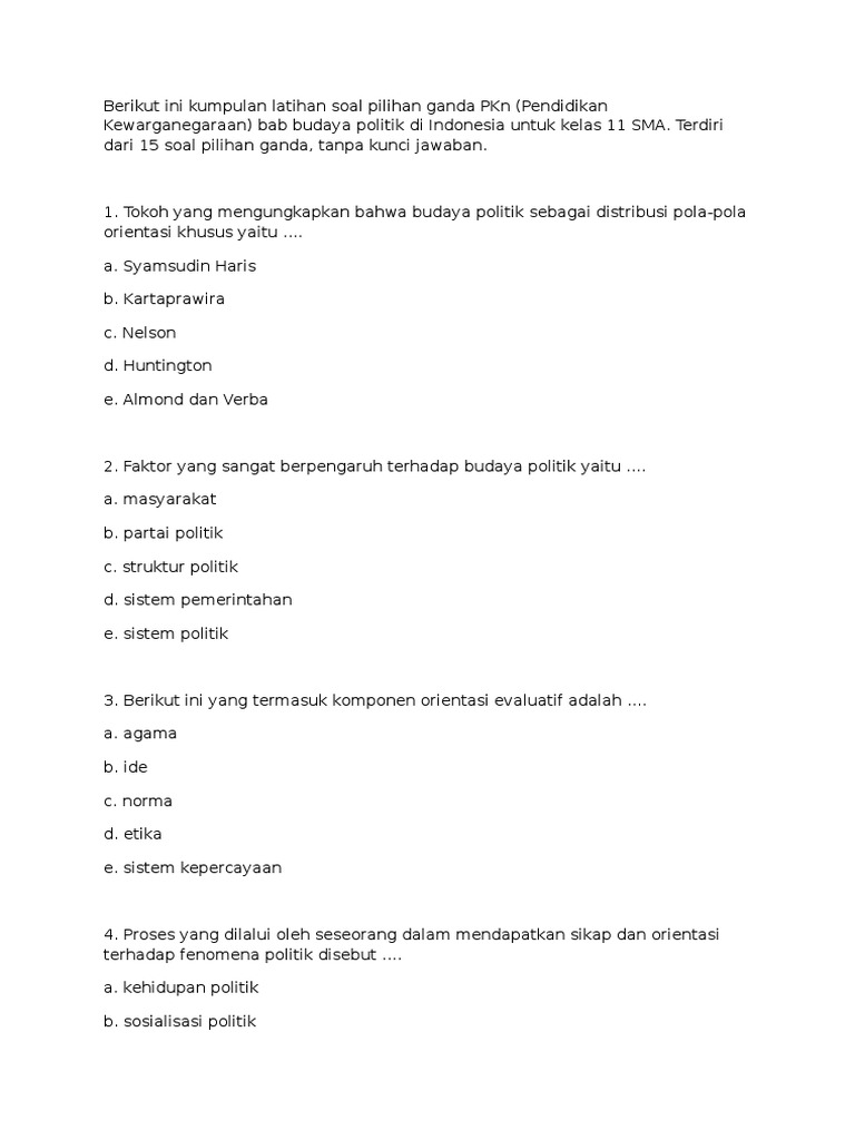 Soal Pilihan Ganda PKN Kelas Xi Budaya Politik PDF