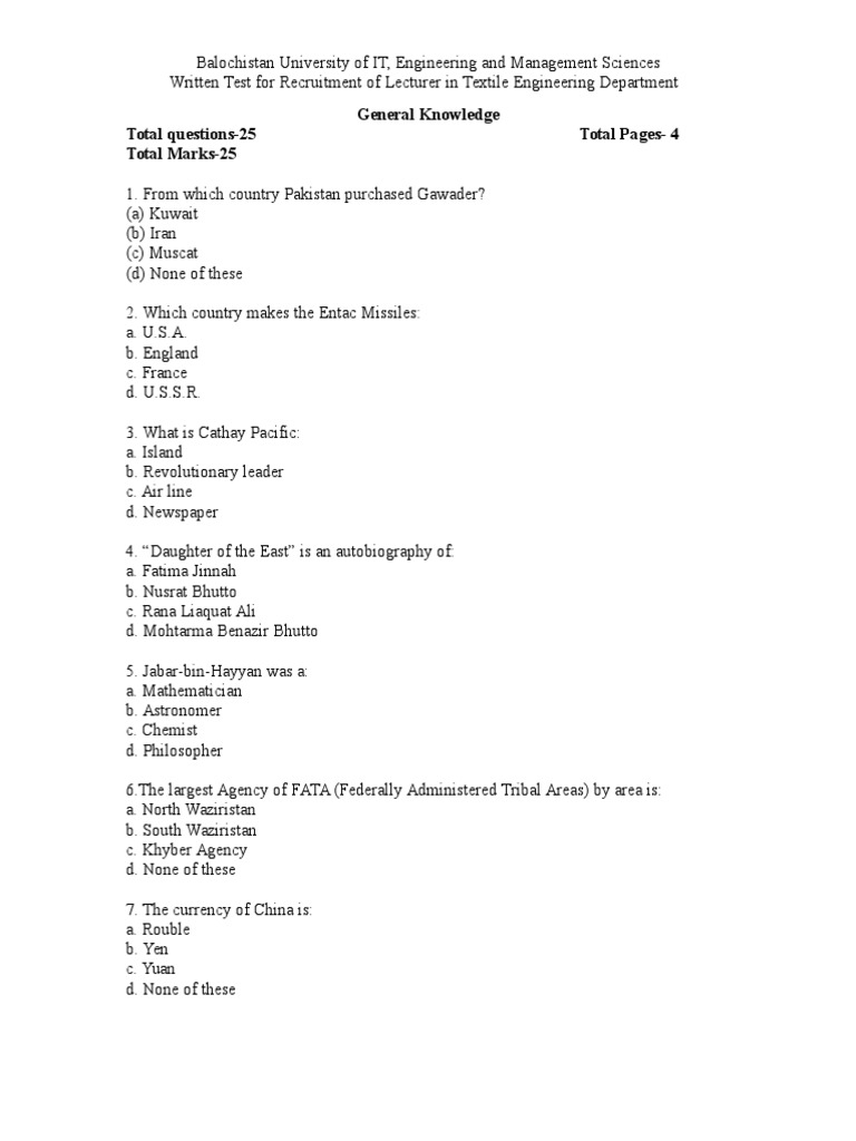 General Knowledge Questions for Recruitment of Lecturer in Textile