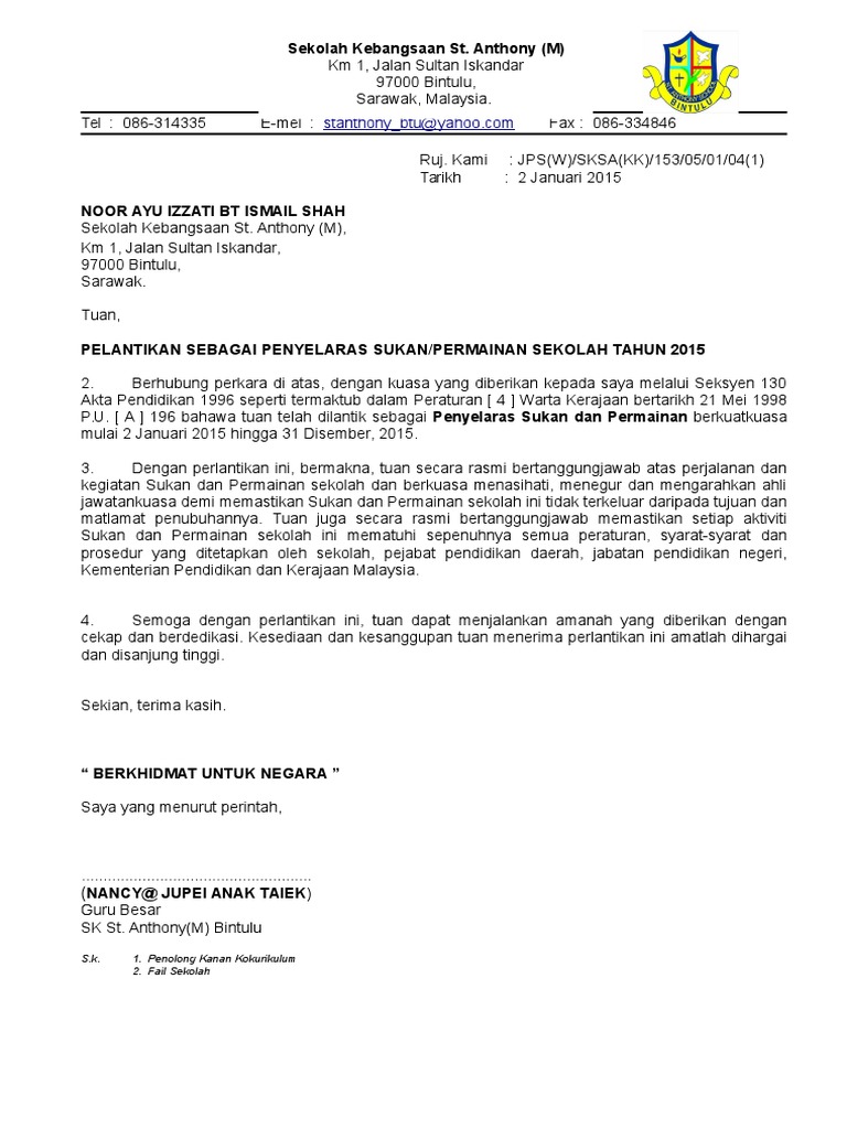 Contoh Surat Per Lantikan Ahli Jawatankuasa Kelab