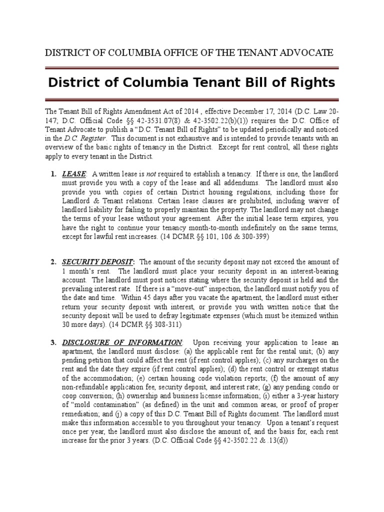 District of Columbia Tenant Bill of Rights PDF Leasehold Estate