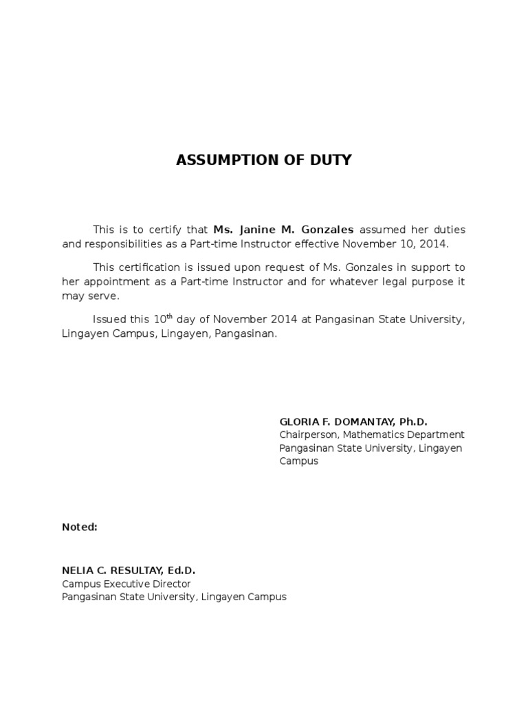 Assumption of Duty Part Time