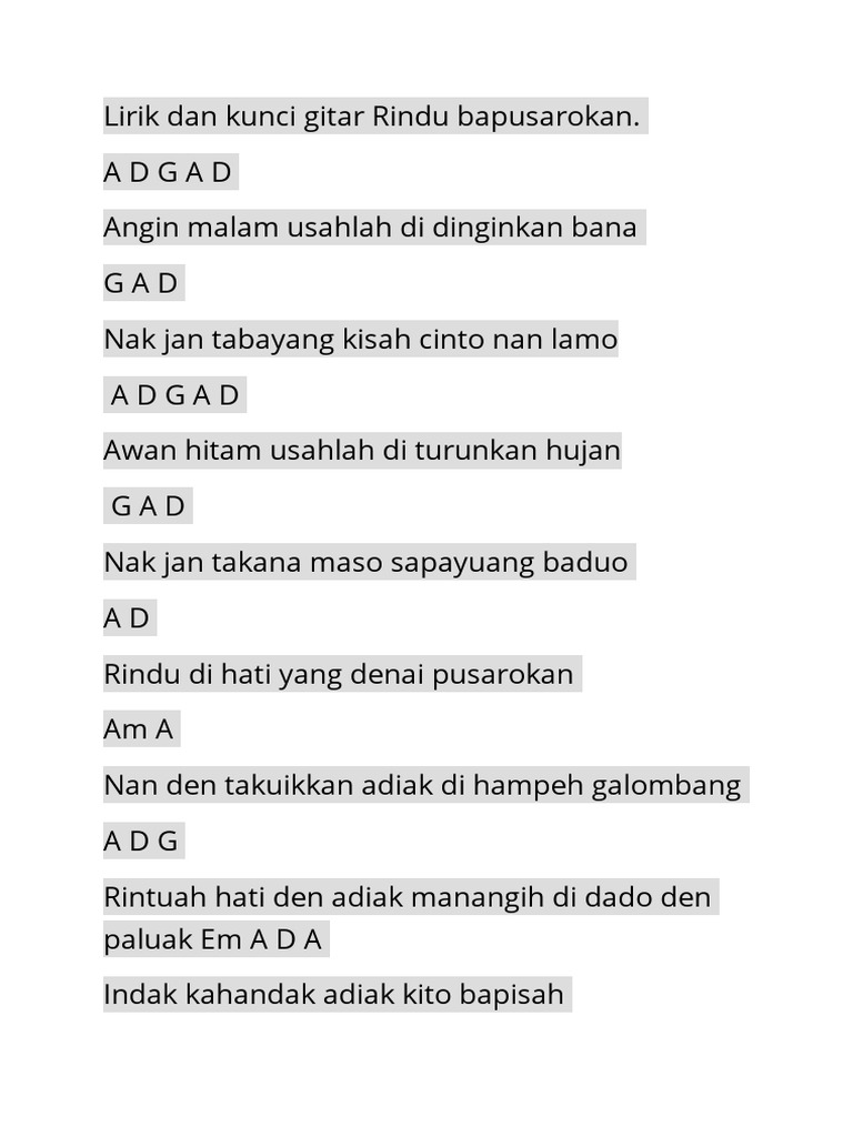 Lirik Dan Kunci Gitar Rindu Bapusarokan Doc