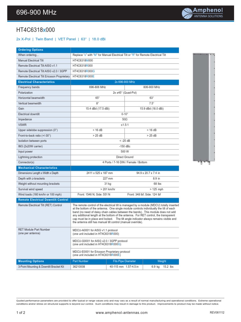 Amphenol HT4C6318X000 Specifications Sheet Antenna (Radio