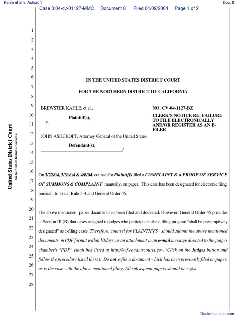 Kahle Et Al v. Ashcroft - Document No. 8 | PDF | Complaint | Justice