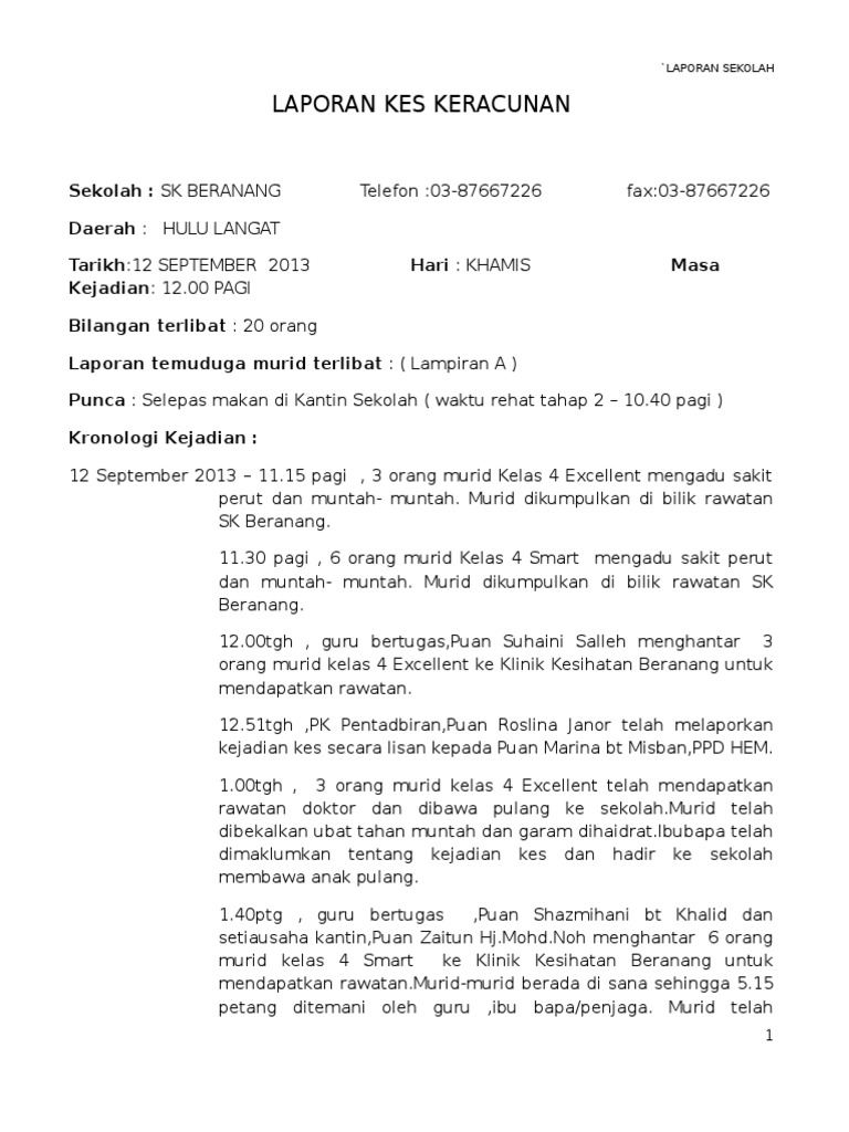 Contoh Laporan Keracunan Makanan