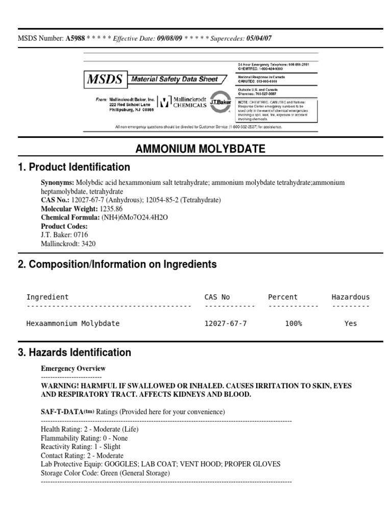 MSDS Ammonium Molybdate PDF Personal Protective Equipment Breathing