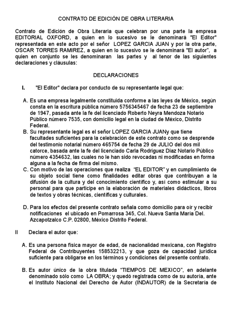 Contrato de Edicion de Obra Literaria Publicación México