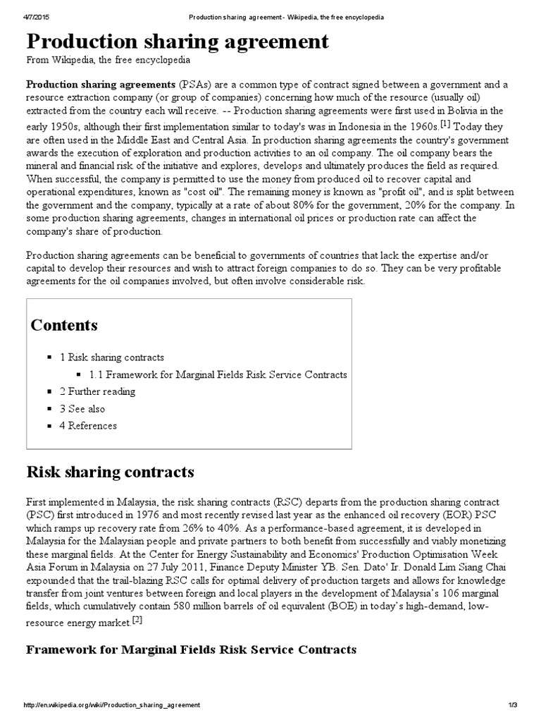 Production Sharing Agreement - Wikipedia, The Free Encyclopedia, PDF, Petroleum Industry