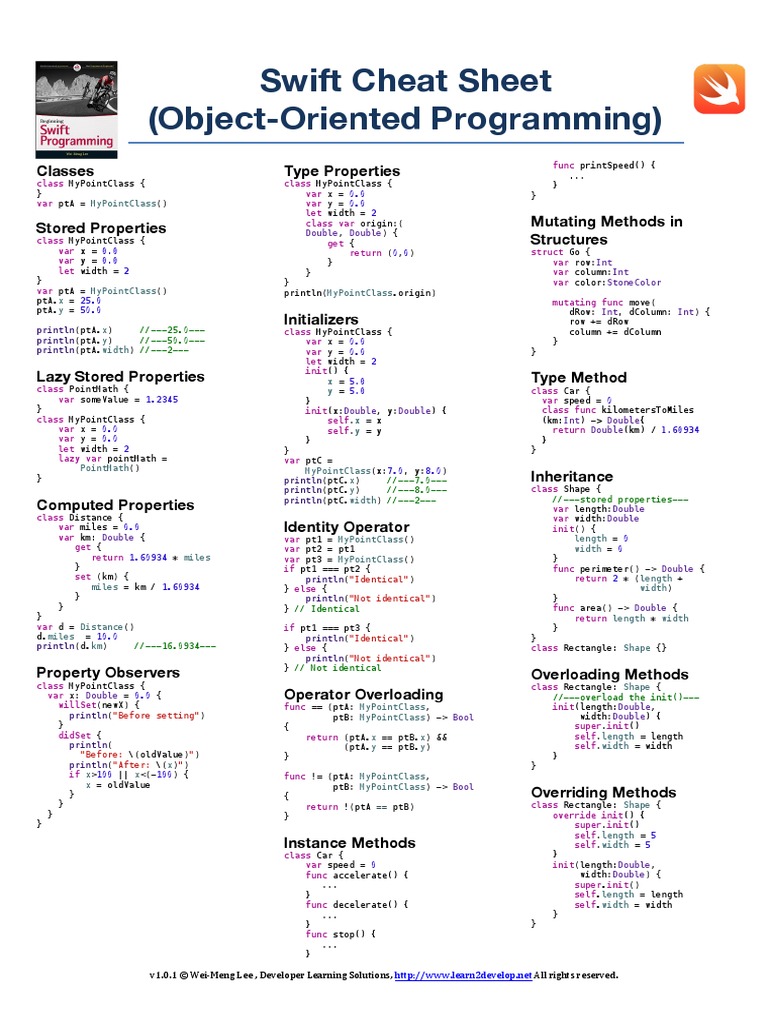 Swift Cheat Sheet - Object Oriented Programming - A4 | PDF ...