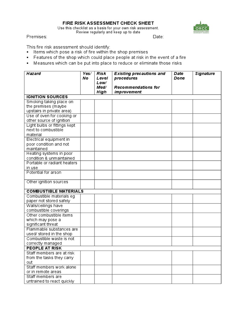 FIRE RISK ASSESSMENT CHECK SHEET.doc Firefighting Combustion