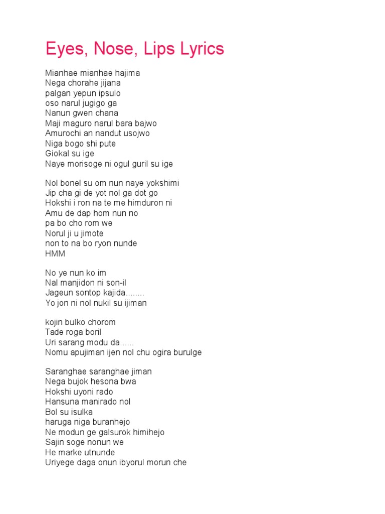Eyes, Nose, Lips Lyrics PDF Entertainment (General)