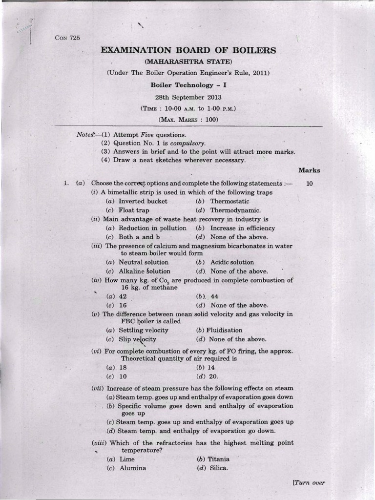Boe Exam Paper Sep 2013 PDF Boiler Chemical Engineering