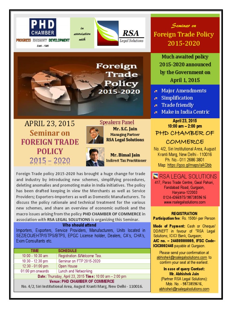 RSA Legal Solutions: Seminar On Foreign Trade Policy 2015-20 Brochure | PDF