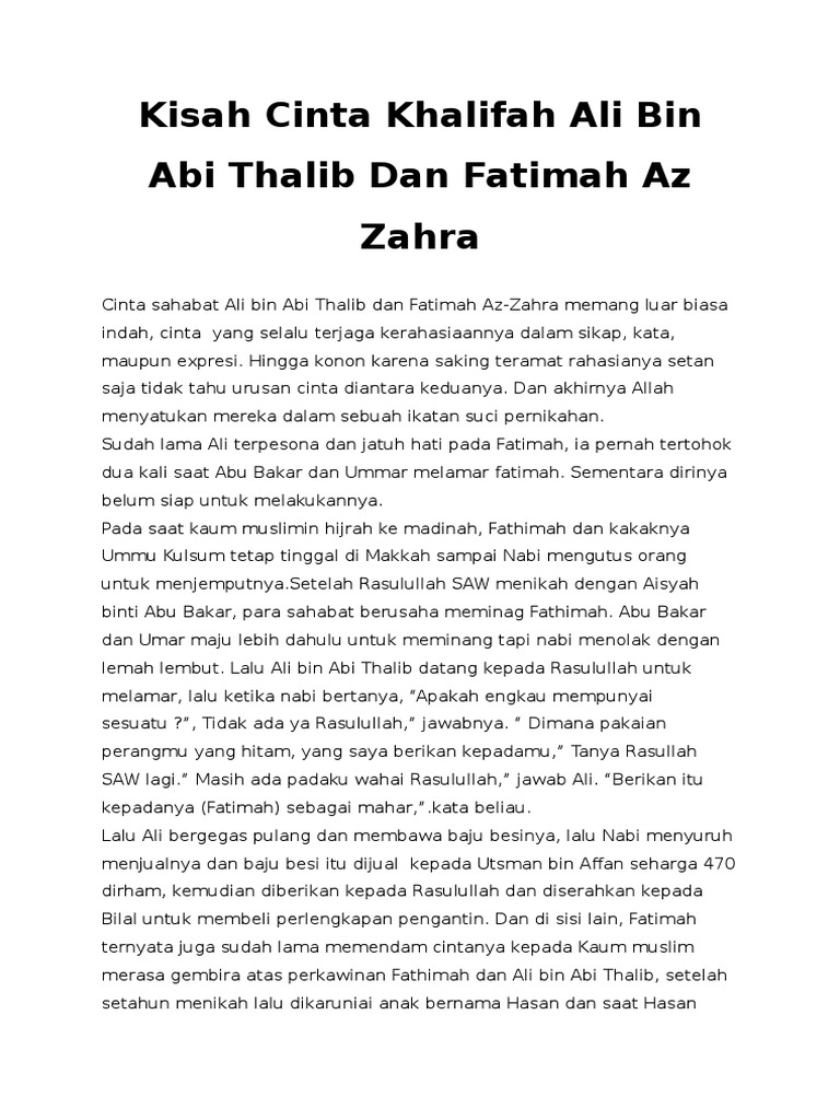 Kisah Cinta Khalifah Ali Bin Abi Thalib Dan Fatimah Az Zahra