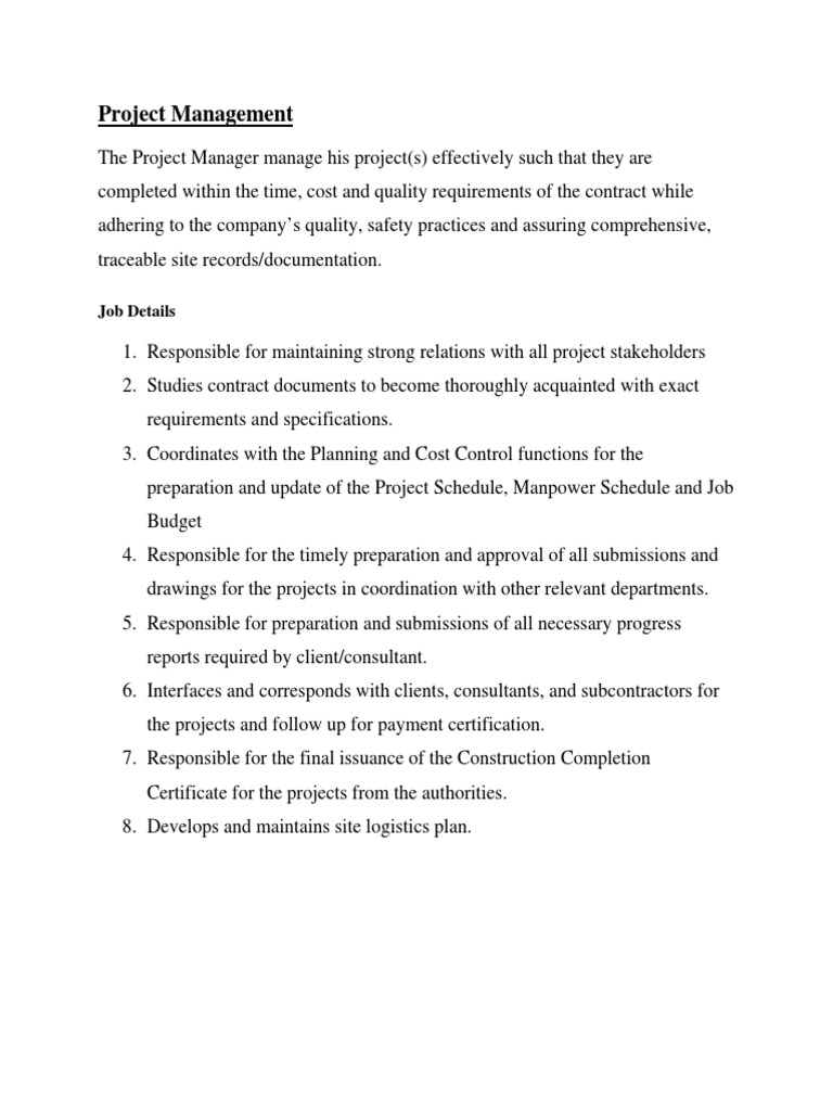 Project Management Responsibilities | PDF