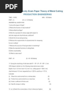 Anna University Exam Paper Theory of Metal Cutting: Production Engineering