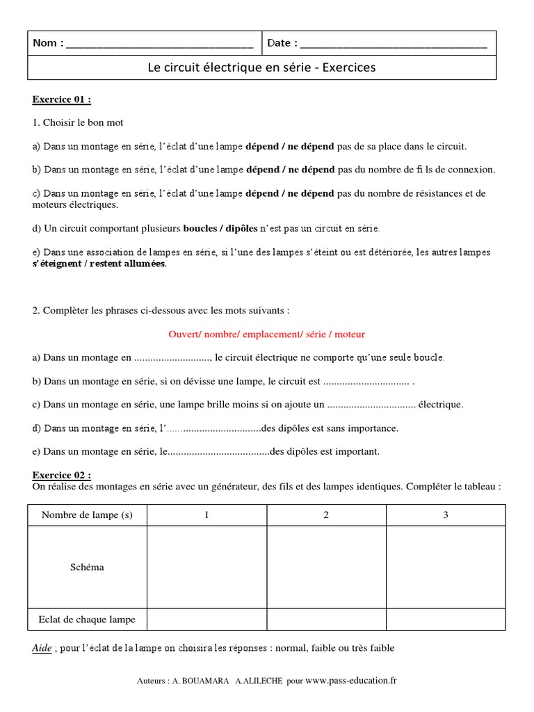 évaluation électricité 5ème Avec Correction Circuit Électrique en Série – Exercices Corrigés – 5ème – Physique