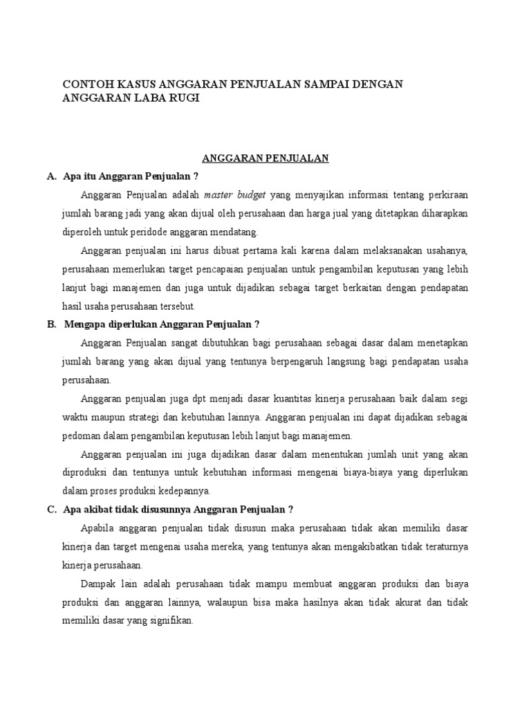 Contoh Kasus Anggaran Penjualan Sampai Dengan Anggaran