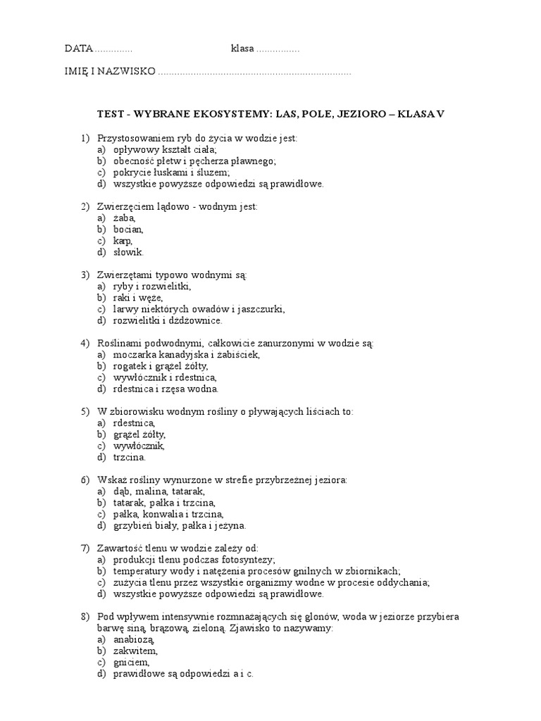 Test Z Przyrody Klasa 3