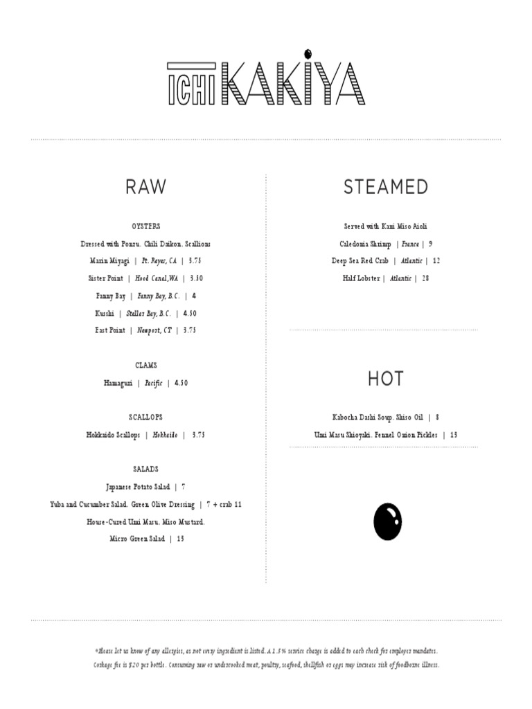 ICHI Kakiya Opening Menu | PDF | Cooking, Food & Wine