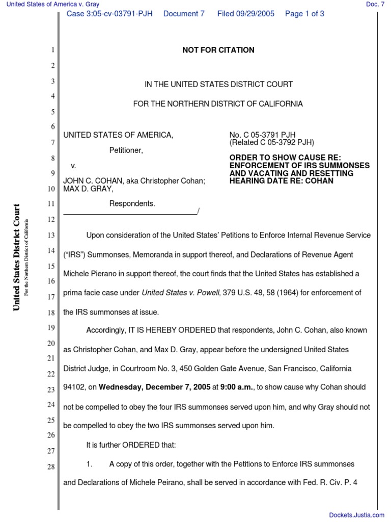 United States of America v. Gray Document No. 7 Summons Internal
