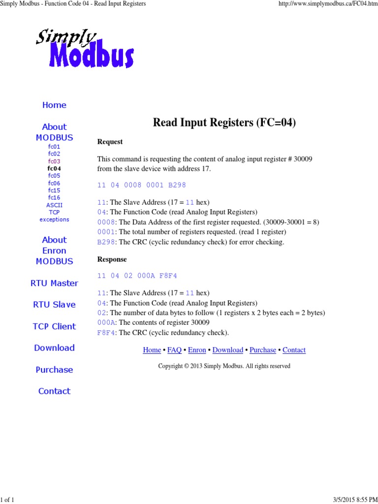 Simply Modbus - Function Code 04 - Read Input Registers | PDF | Home ...