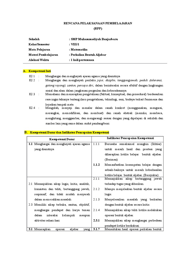Rpp Matematika Smp Kelas 8 Kurikulum 2013