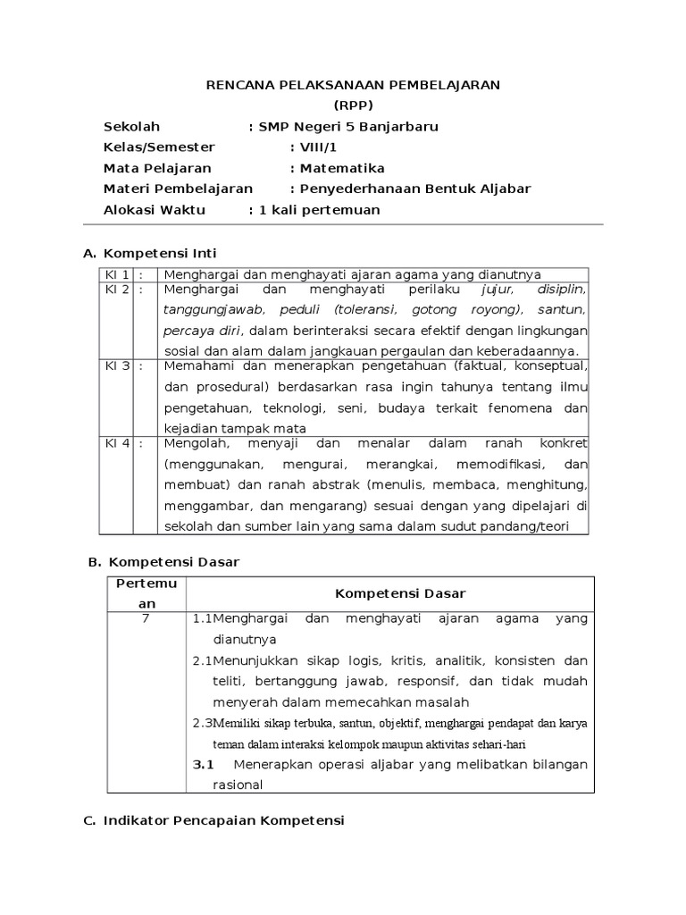 RPP Matematika SMP Kelas 8 Kurikulum 2013